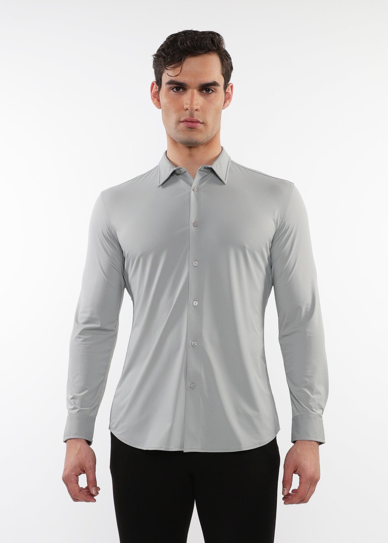 SILVER GREY SOLID STRETCH PERFORMANCE LONG SLEEVES SHIRT PM-76083