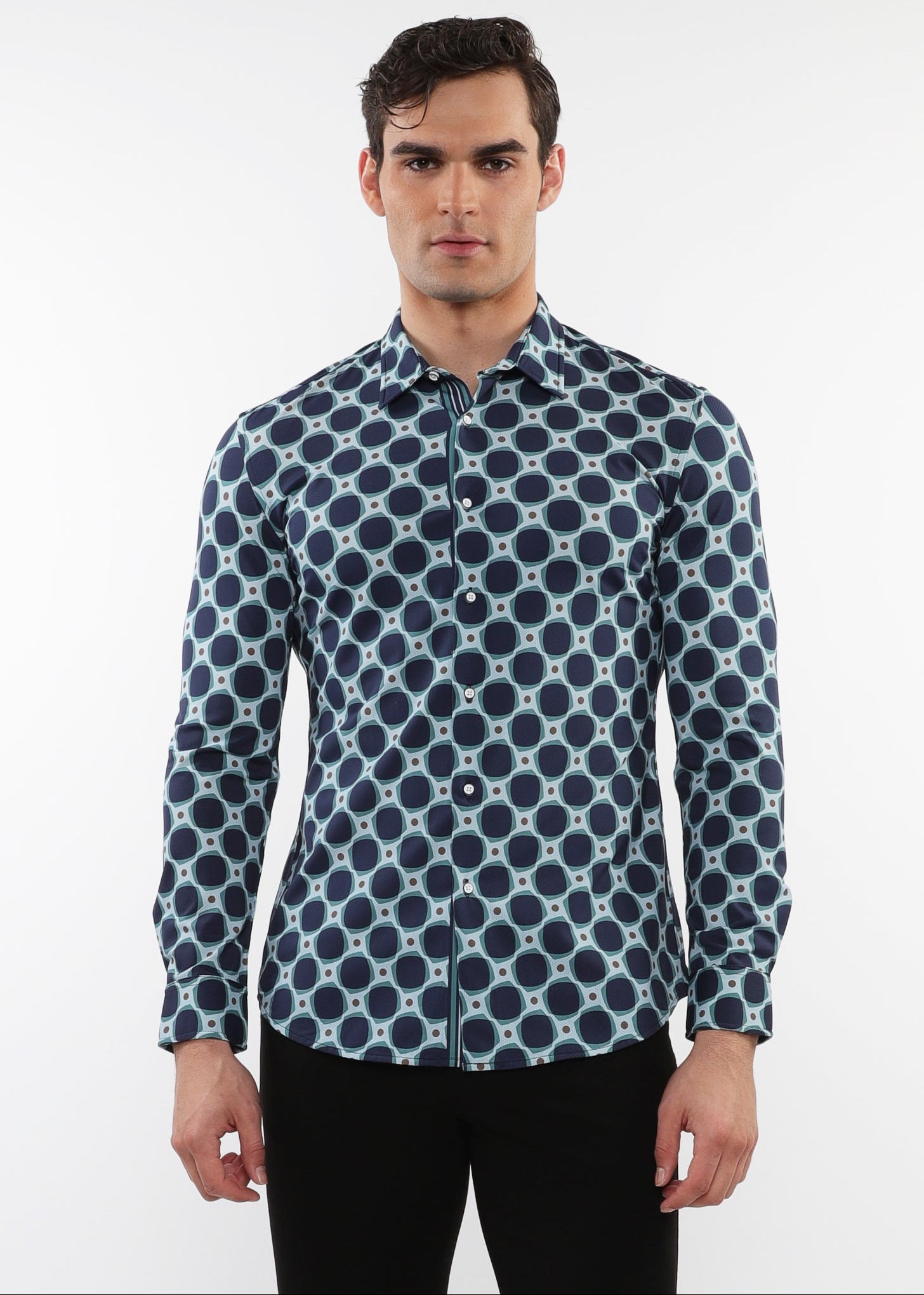 ALOE/PEACOCK SQUARES PRINTED STRETCH PERFORMANCE LONG SLEEVE SHIRT W/ PLACKET DETAIL PM-76086