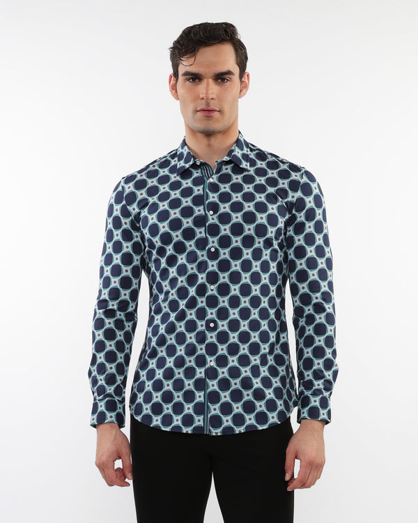 ALOE/PEACOCK SQUARES PRINTED STRETCH PERFORMANCE LONG SLEEVE SHIRT W/ PLACKET DETAIL PM-76086