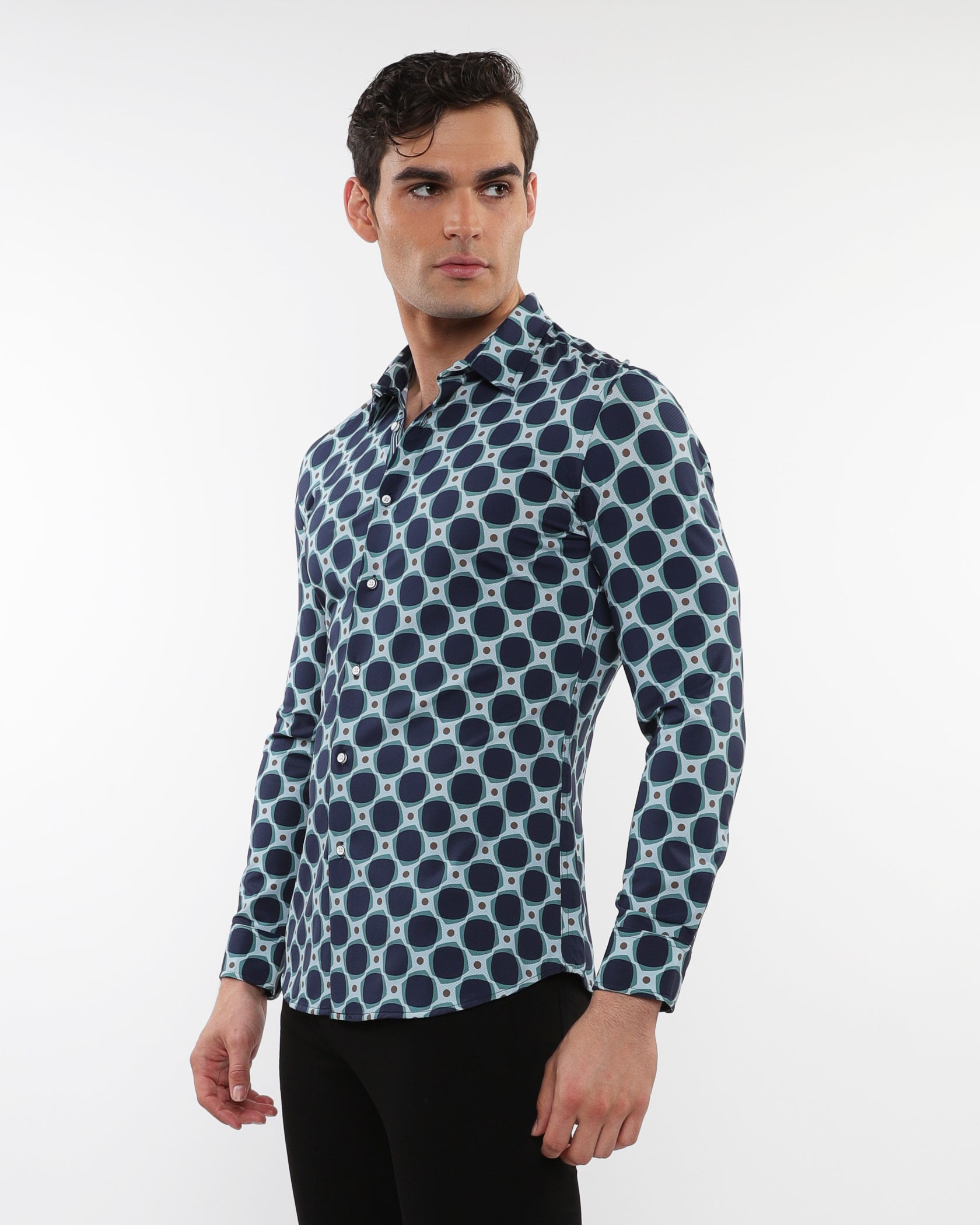 ALOE/PEACOCK SQUARES PRINTED STRETCH PERFORMANCE LONG SLEEVE SHIRT W/ PLACKET DETAIL PM-76086