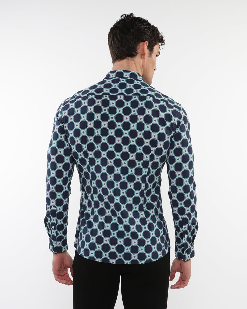 ALOE/PEACOCK SQUARES PRINTED STRETCH PERFORMANCE LONG SLEEVE SHIRT W/ PLACKET DETAIL PM-76086