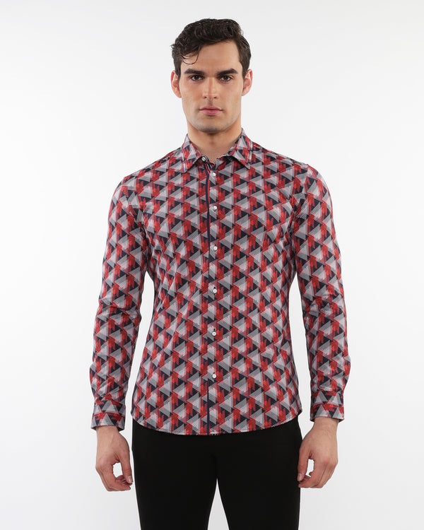 NAVY/RED TRIANGLES PRINTED STRETCH PERFORMANCE LONG SLEEVE SHIRT W/ PLACKET DETAIL PM-76087
