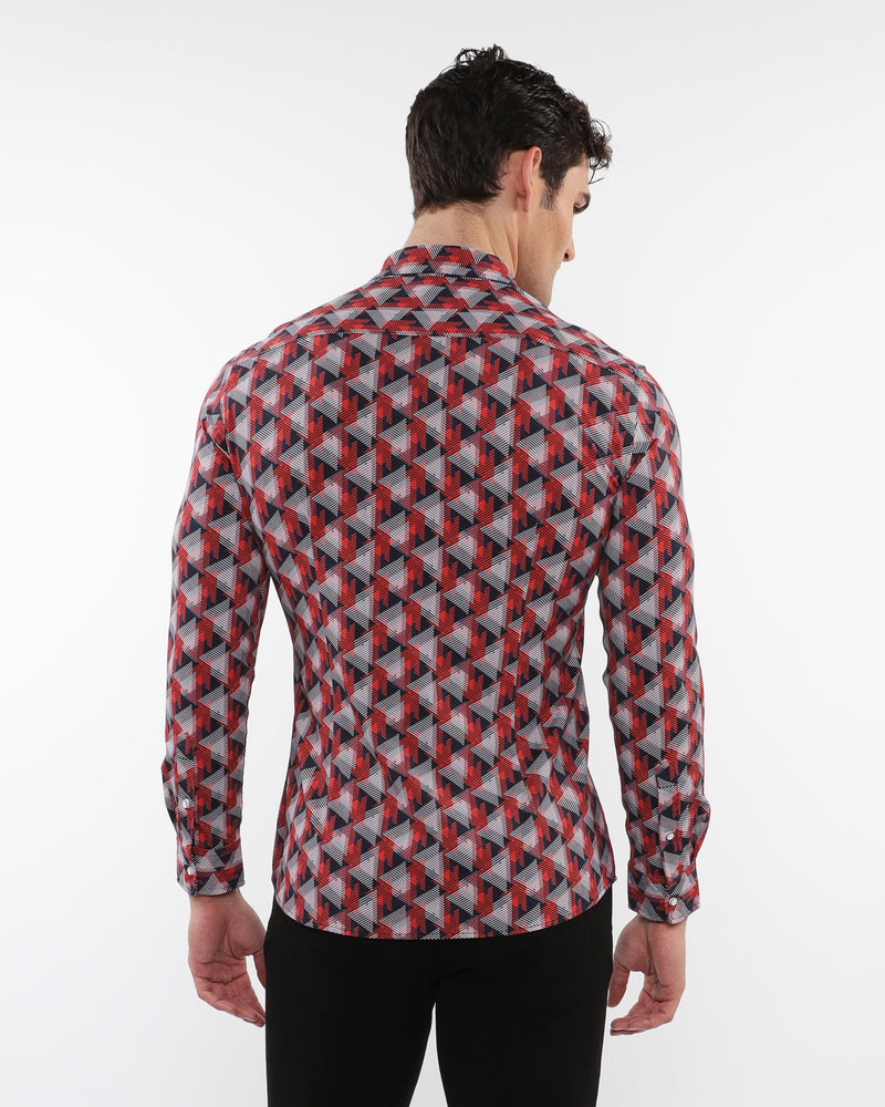 NAVY/RED TRIANGLES PRINTED STRETCH PERFORMANCE LONG SLEEVE SHIRT W/ PLACKET DETAIL PM-76087