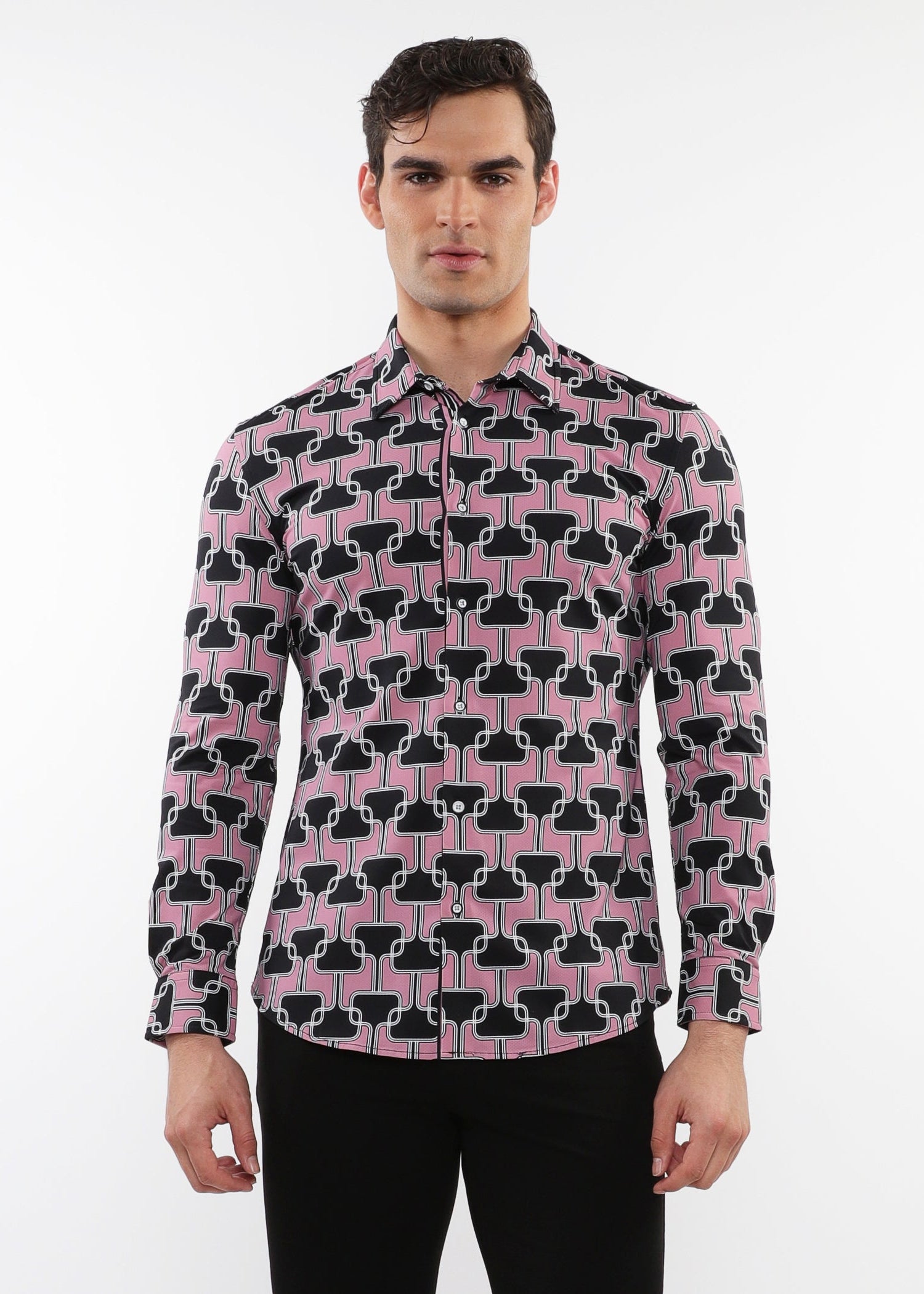 BLUSH/BLACK CHAINS PRINTED STRETCH PERFORMANCE LONG SLEEVE SHIRT W/ PLACKET DETAIL PM-76088