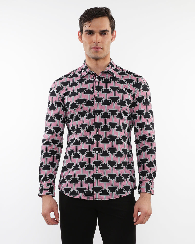 BLUSH/BLACK CHAINS PRINTED STRETCH PERFORMANCE LONG SLEEVE SHIRT W/ PLACKET DETAIL PM-76088