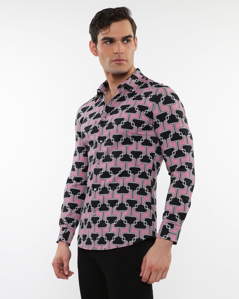 BLUSH/BLACK CHAINS PRINTED STRETCH PERFORMANCE LONG SLEEVE SHIRT W/ PLACKET DETAIL PM-76088