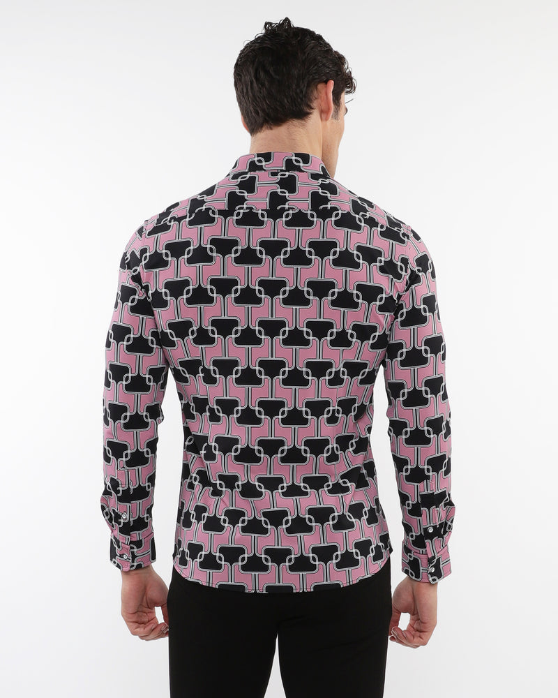 BLUSH/BLACK CHAINS PRINTED STRETCH PERFORMANCE LONG SLEEVE SHIRT W/ PLACKET DETAIL PM-76088