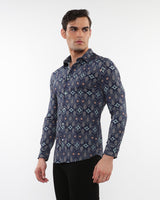MIDNIGHT/JADE LEAVES PRINTED STRETCH PERFORMANCE LONG SLEEVE SHIRT W/ PLACKET DETAIL PM-76089