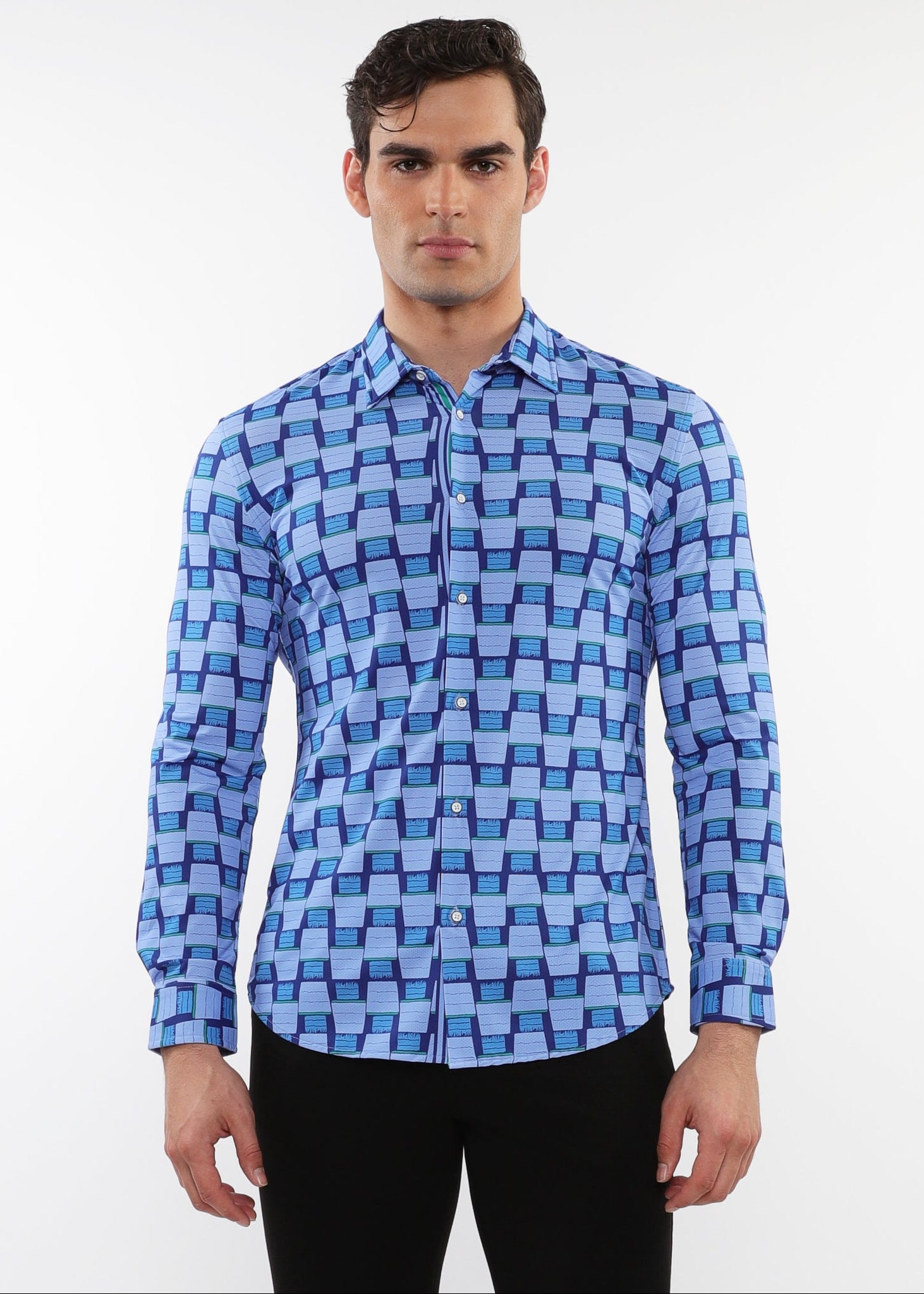 SKY/COBALT WAVES PRINTED STRETCH PERFORMANCE LONG SLEEVE SHIRT W/ PLACKET DETAIL PM-76090