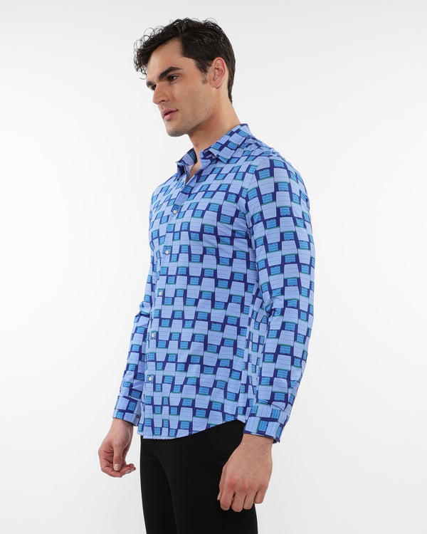 SKY/COBALT WAVES PRINTED STRETCH PERFORMANCE LONG SLEEVE SHIRT W/ PLACKET DETAIL PM-76090