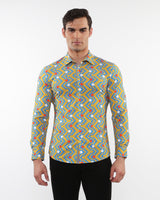 OCHRE/AZURE ARROWS PRINTED STRETCH PERFORMANCE LONG SLEEVE SHIRT W/ PLACKET DETAIL PM-76091