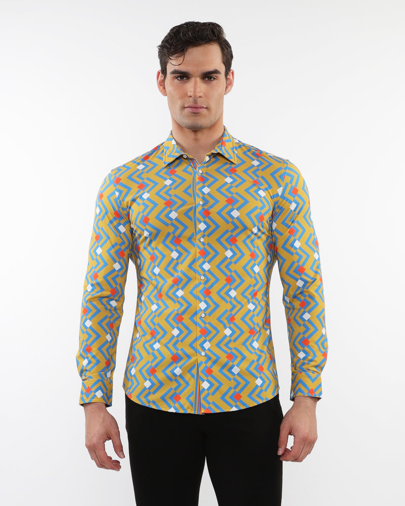 OCHRE/AZURE ARROWS PRINTED STRETCH PERFORMANCE LONG SLEEVE SHIRT W/ PLACKET DETAIL PM-76091