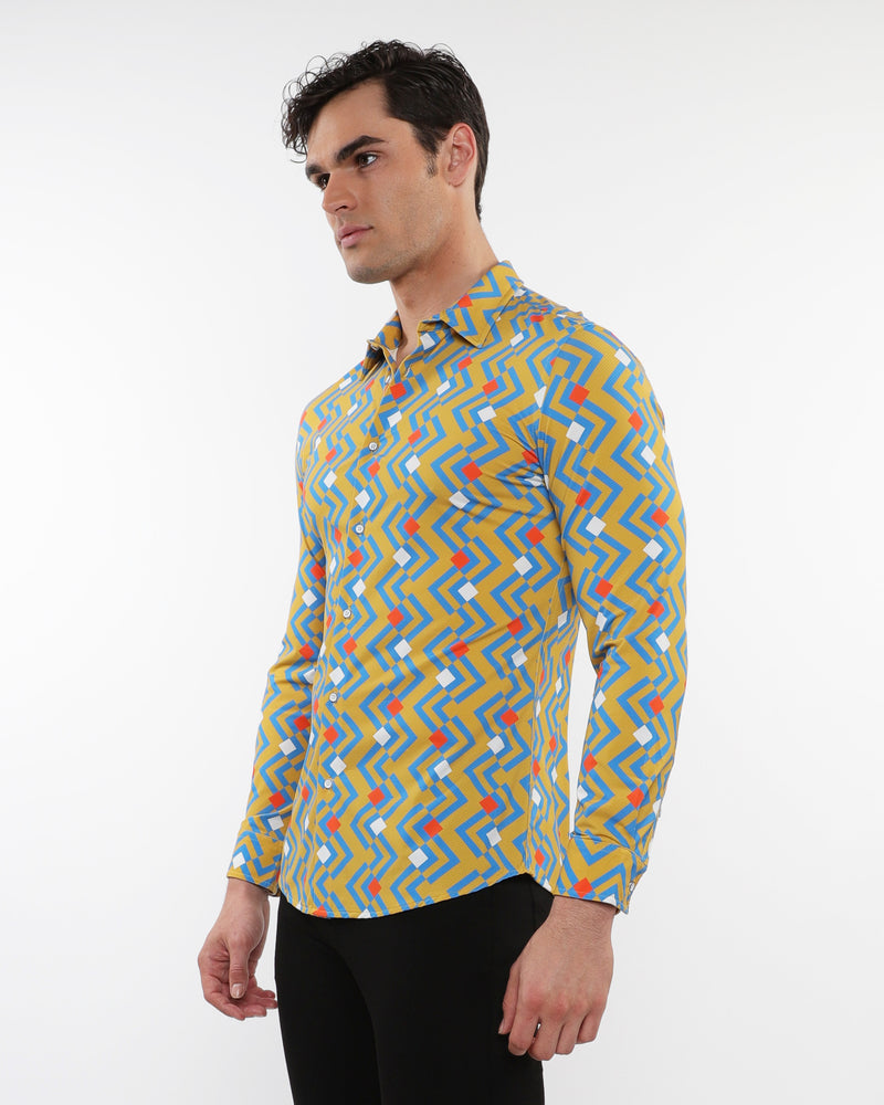 OCHRE/AZURE ARROWS PRINTED STRETCH PERFORMANCE LONG SLEEVE SHIRT W/ PLACKET DETAIL PM-76091