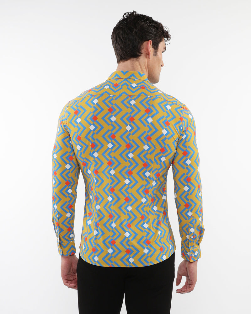 OCHRE/AZURE ARROWS PRINTED STRETCH PERFORMANCE LONG SLEEVE SHIRT W/ PLACKET DETAIL PM-76091