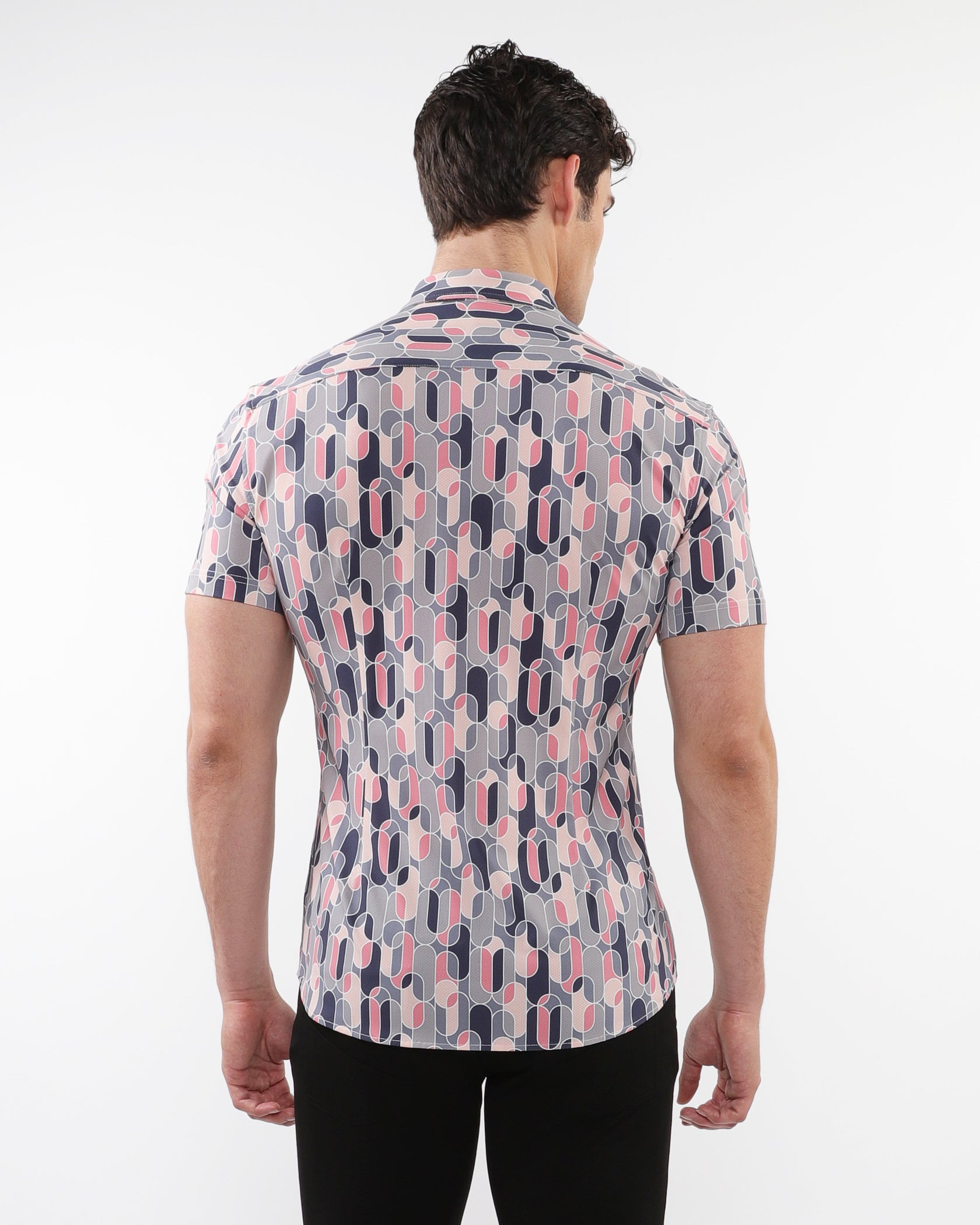 BLUSH/GREY SWIRLS PRINTED PERFORMANCE SHORT SLEEVES SHIRT WITH CONTRAST PLACKET DETAIL PM-76094