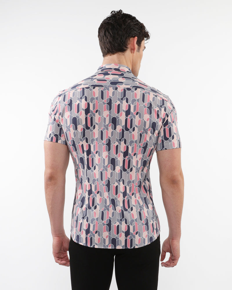 BLUSH/GREY SWIRLS PRINTED PERFORMANCE SHORT SLEEVES SHIRT WITH CONTRAST PLACKET DETAIL PM-76094