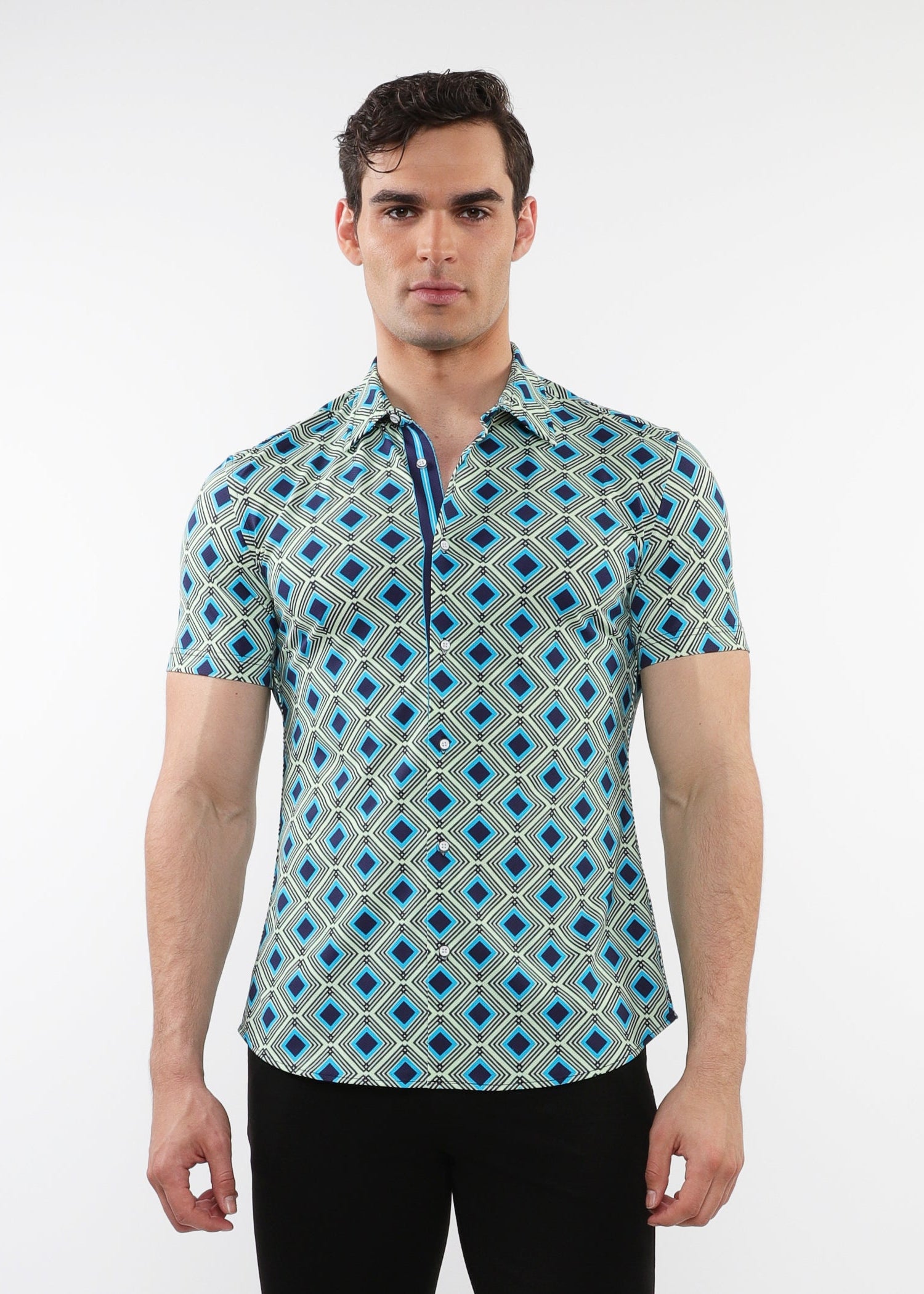 AQUA/NAVY DIAMONDS PRINTED PERFORMANCE SHORT SLEEVES SHIRT WITH CONTRAST PLACKET DETAIL PM-76095