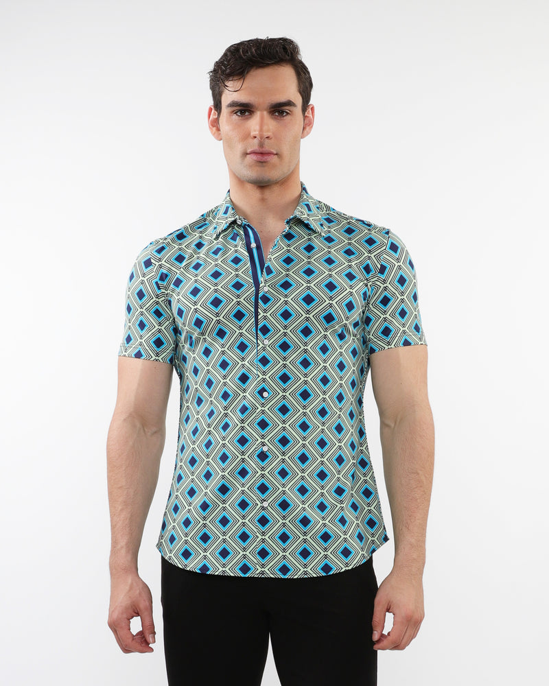 AQUA/NAVY DIAMONDS PRINTED PERFORMANCE SHORT SLEEVES SHIRT WITH CONTRAST PLACKET DETAIL PM-76095