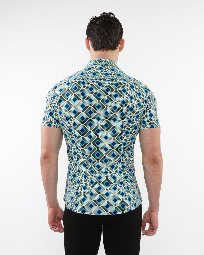 AQUA/NAVY DIAMONDS PRINTED PERFORMANCE SHORT SLEEVES SHIRT WITH CONTRAST PLACKET DETAIL PM-76095
