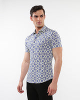 BLUE/CREAM TILES PRINTED PERFORMANCE SHORT SLEEVES SHIRT WITH CONTRAST PLACKET DETAIL PM-76097