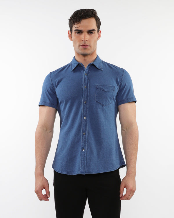 VINTAGE BLUE VINTAGE WASH STRETCH KNIT DENIM SHORT SLEEVES SHIRT PM-76178