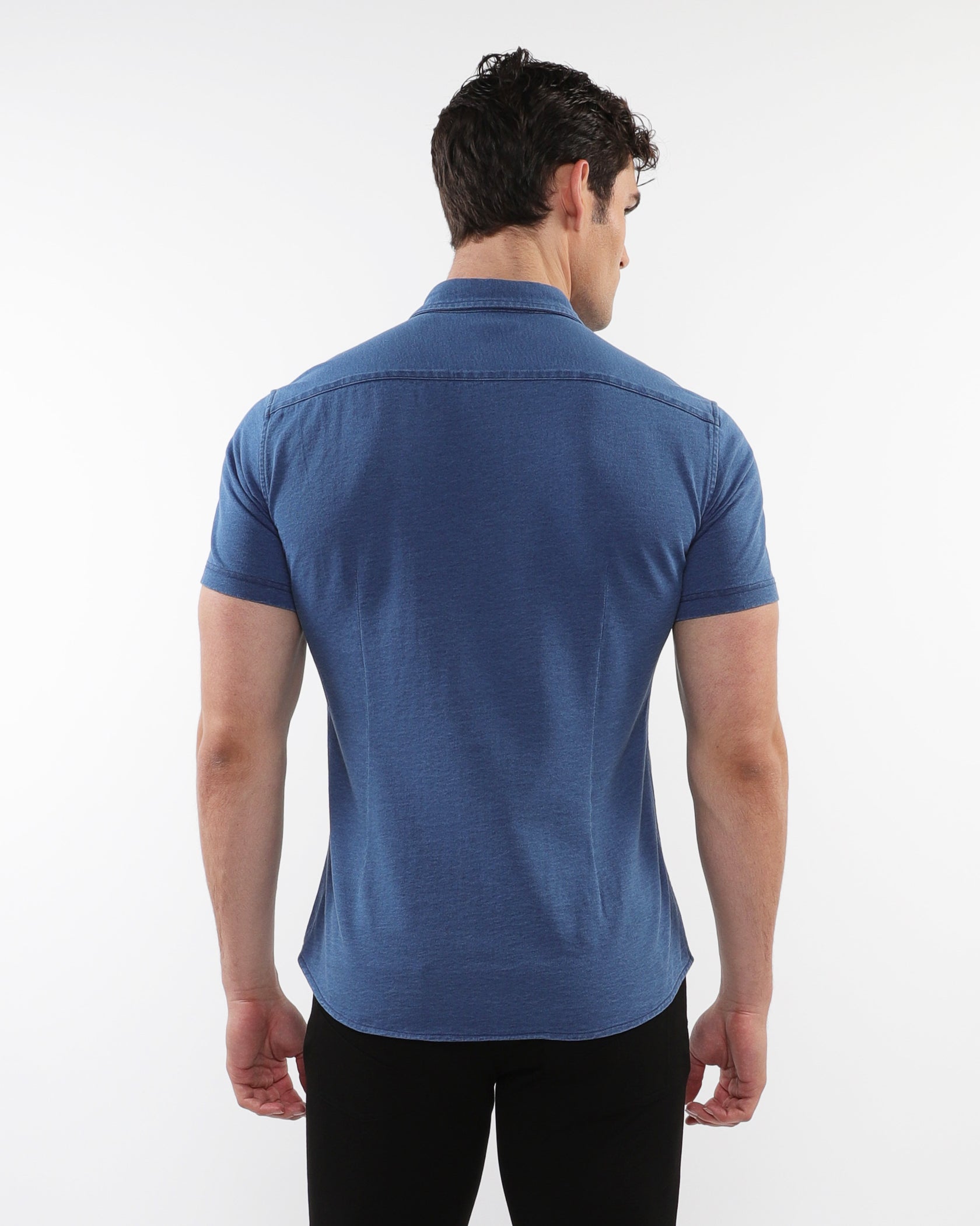 VINTAGE BLUE VINTAGE WASH STRETCH KNIT DENIM SHORT SLEEVES SHIRT PM-76178