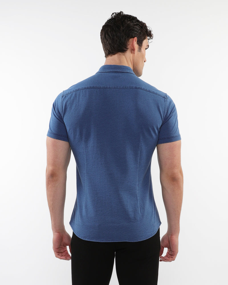 VINTAGE BLUE VINTAGE WASH STRETCH KNIT DENIM SHORT SLEEVES SHIRT PM-76178