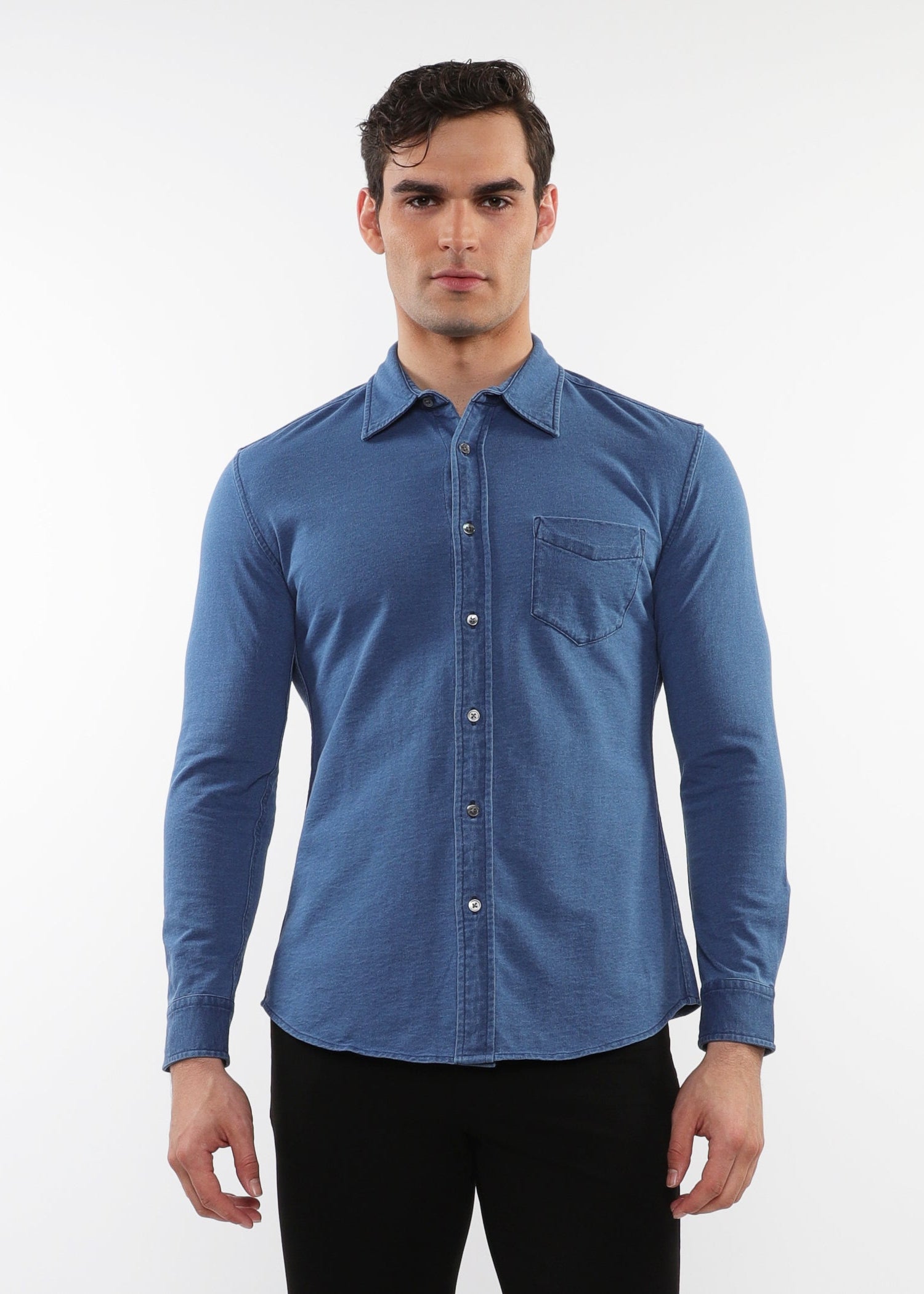 VINTAGE BLUE VINTAGE WASH STRETCH KNIT DENIM LONG SLEEVES SHIRT PM-76179