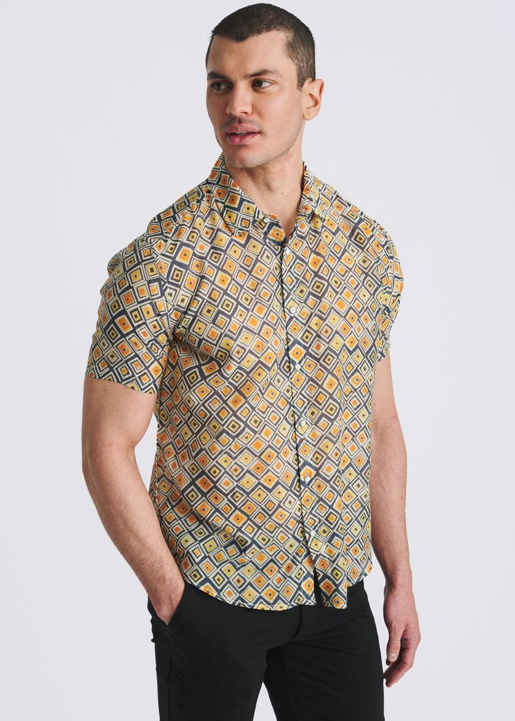 GOLD/NAVY DIAMONDS PRINTED LIGHTWEIGHT COTTON/SILK SHORT SLEEVE SHIRT PM-46047