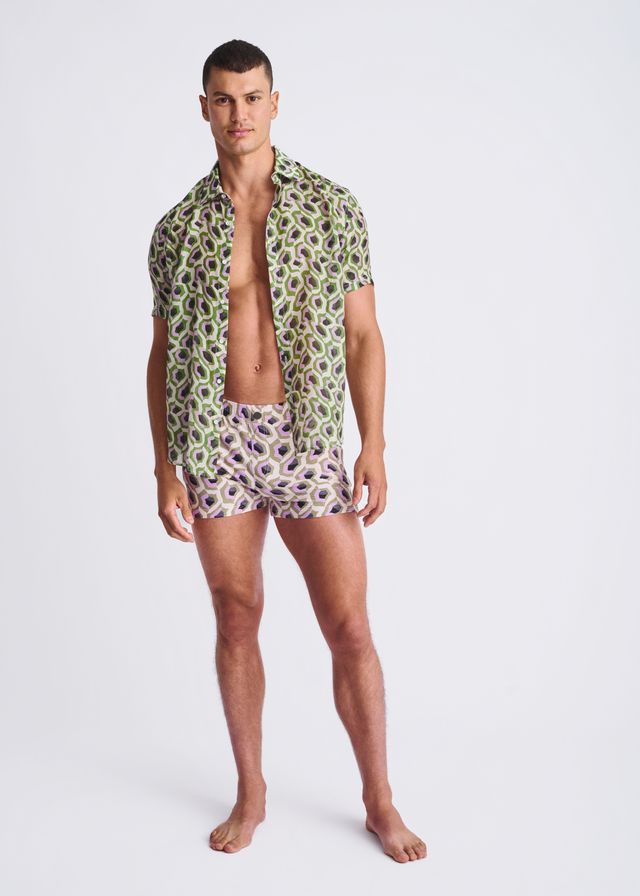 LILAC/SPROUT ABSTRACT PRINTED SEERSUCKER SWIM SHORTS W/MESH LINING PM-6018-49