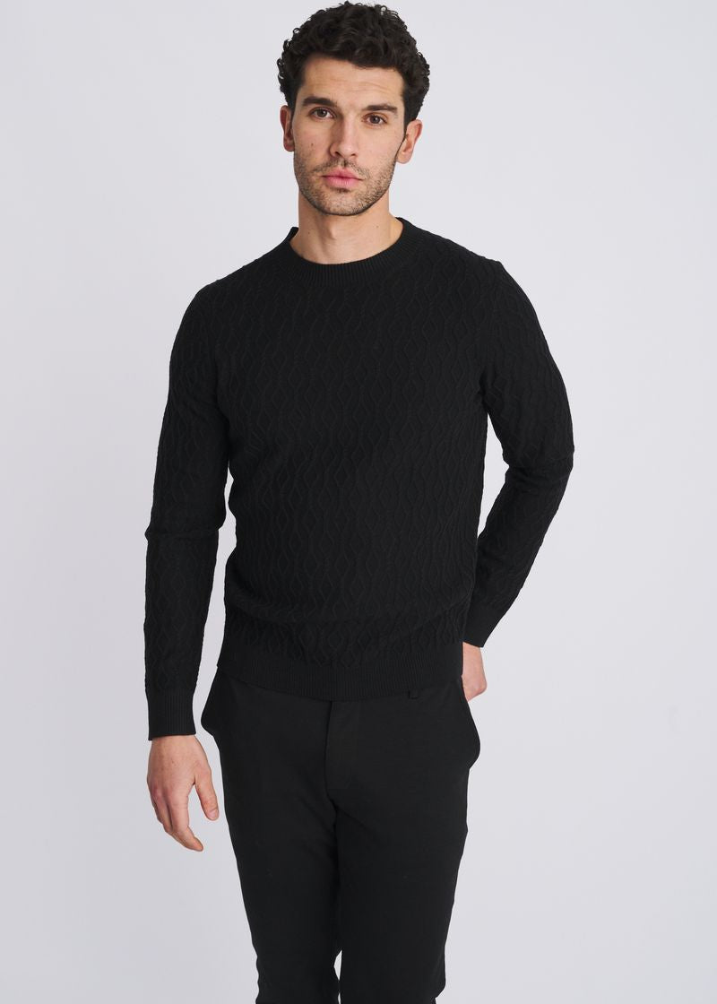 BLACK CABLE KNIT CREW NECK WOOL BLEND SWEATER PM-16421
