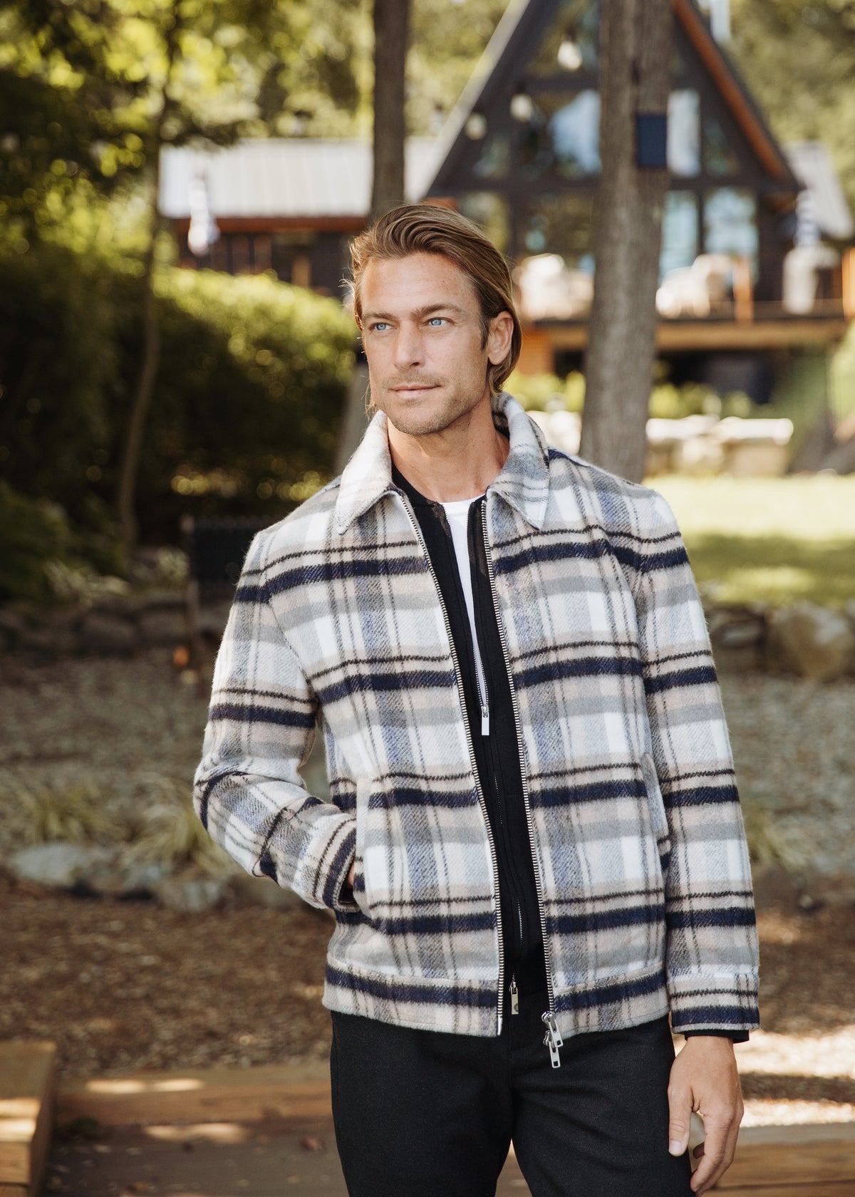 CAMEL/MIDNIGHT PLAID WOOL ZIP-UP JACKET PM-3069-01