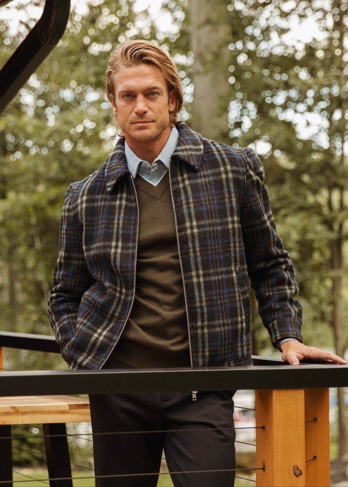 BLUE/SPROUT PLAID WOOL ZIP-UP JACKET PM-3070