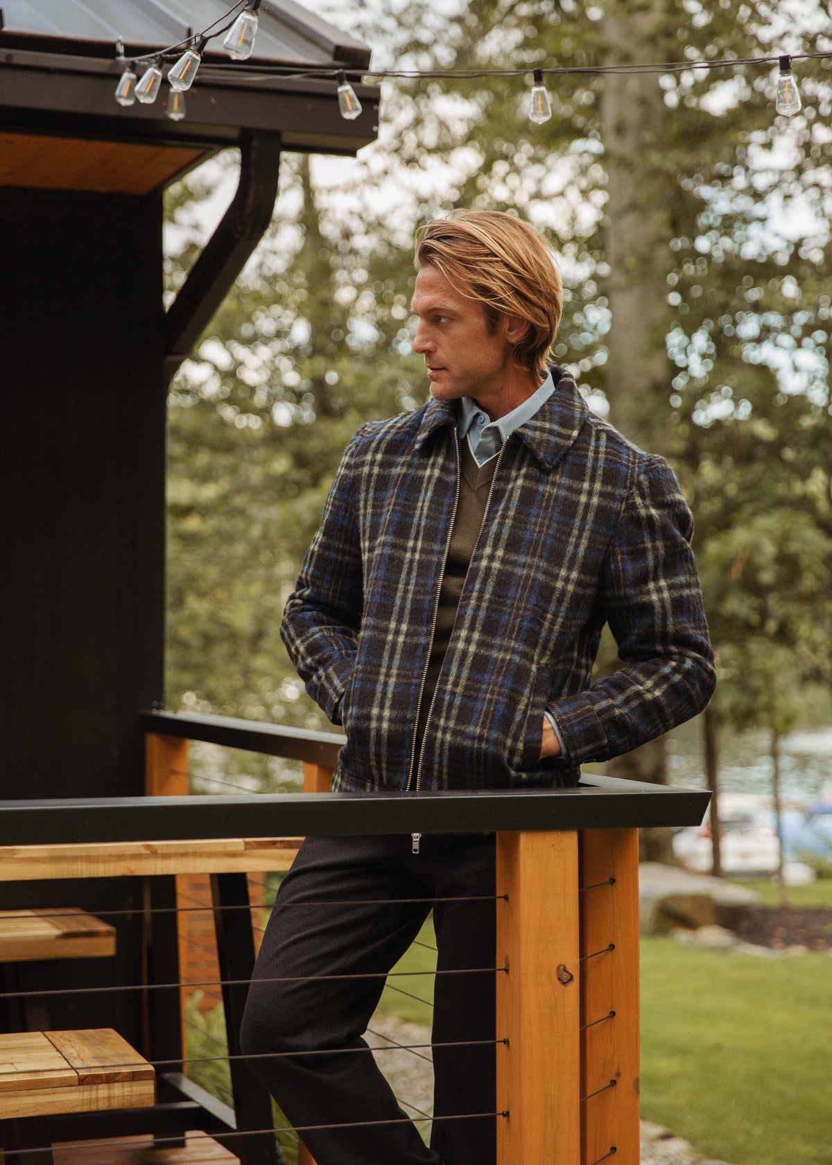 BLUE/SPROUT PLAID WOOL ZIP-UP JACKET PM-3070