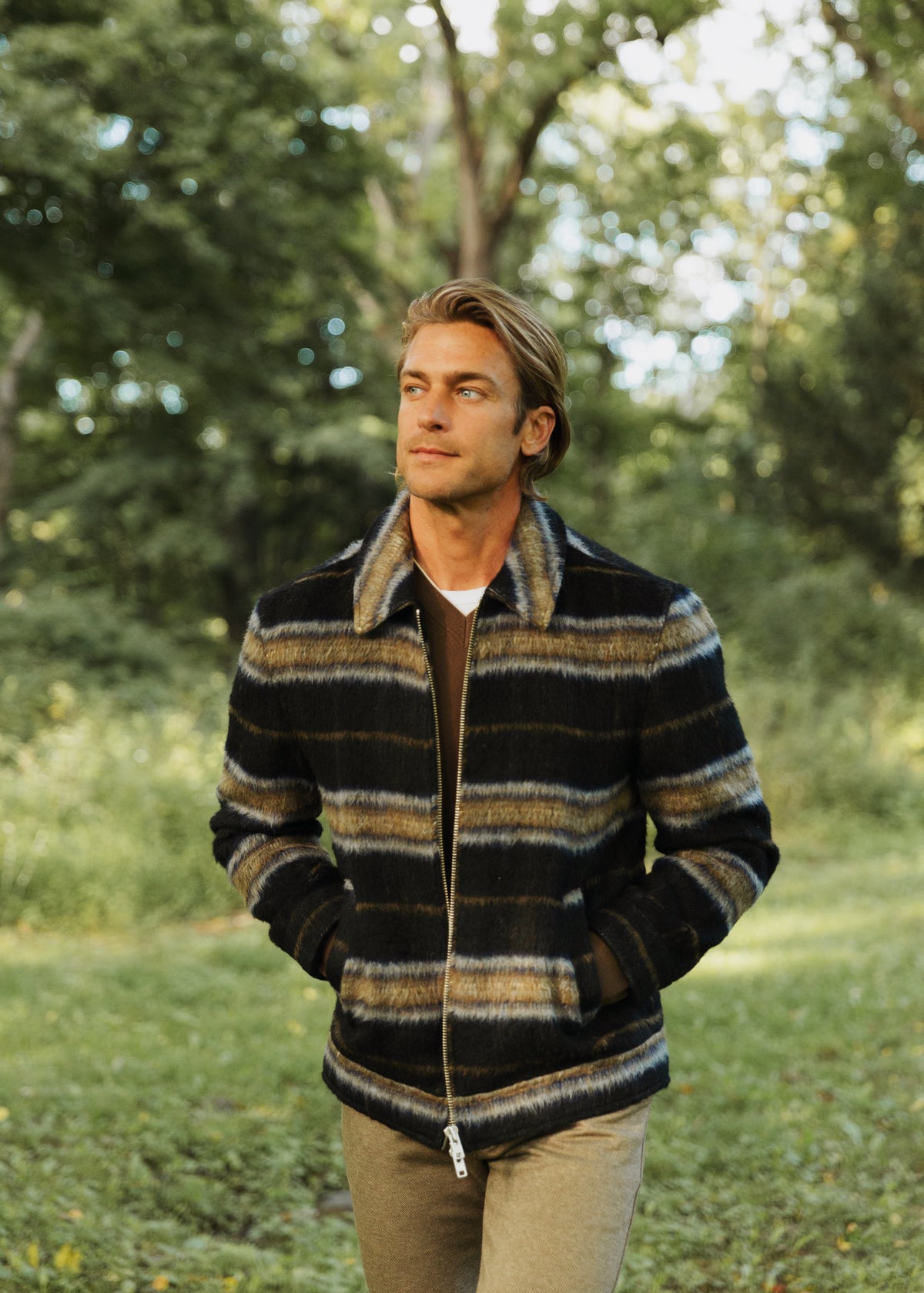 MIDNIGHT/OCHRE PLAID WOOL ZIP-UP JACKET PM-3071