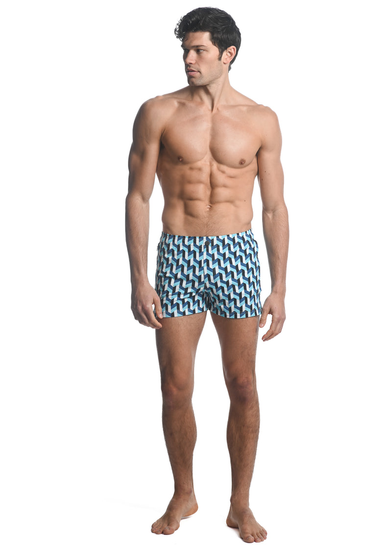 ROYAL/ CYAN 3D CHEVRON PRINTED SWIM SHORTS  W/ MESH LINING PM-6018-32