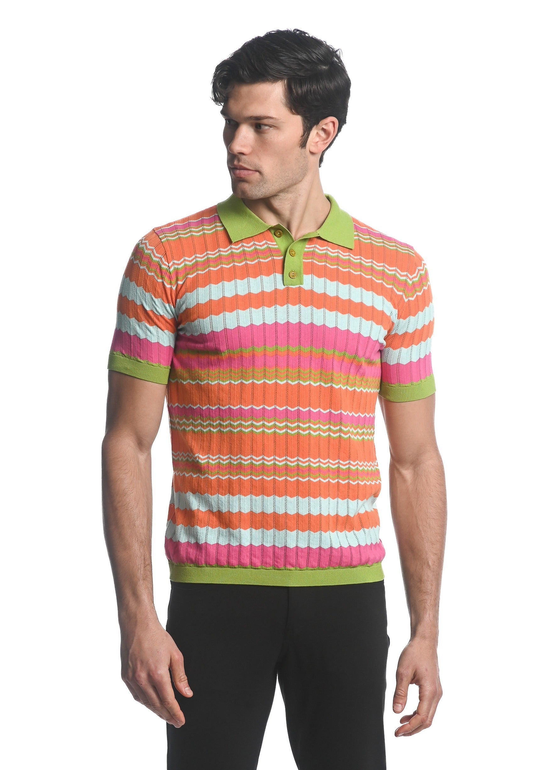 CITRUS/ ORANGE/ FUCHSIA CHEVRON  COTTON  3-BUTTON TEXTURED CHEVRON STRIPE KNIT POLO PM-16226