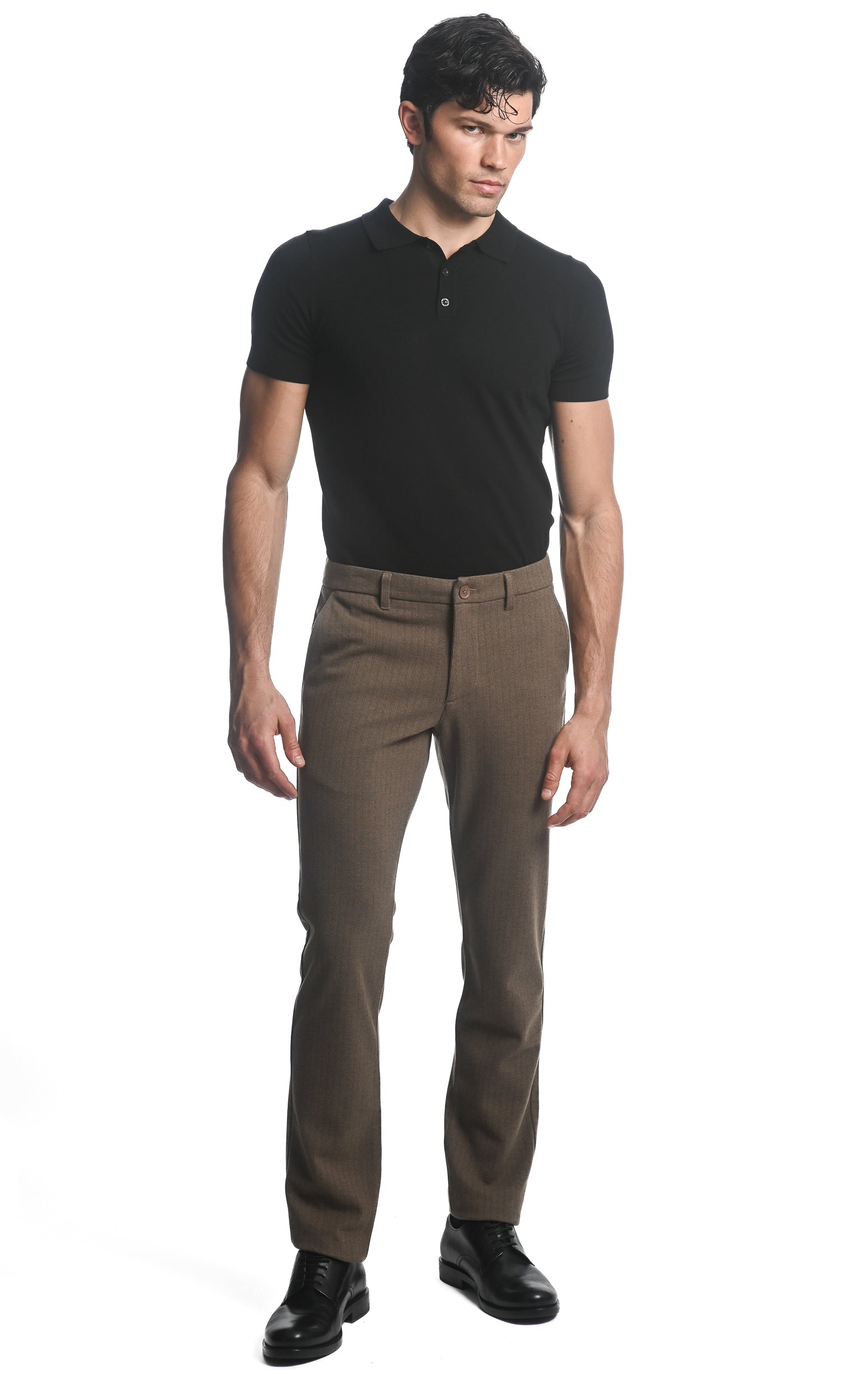 Tan/Brown Pinstripes Stretch Knit Pinstripe Wool Look Tailored Pants
