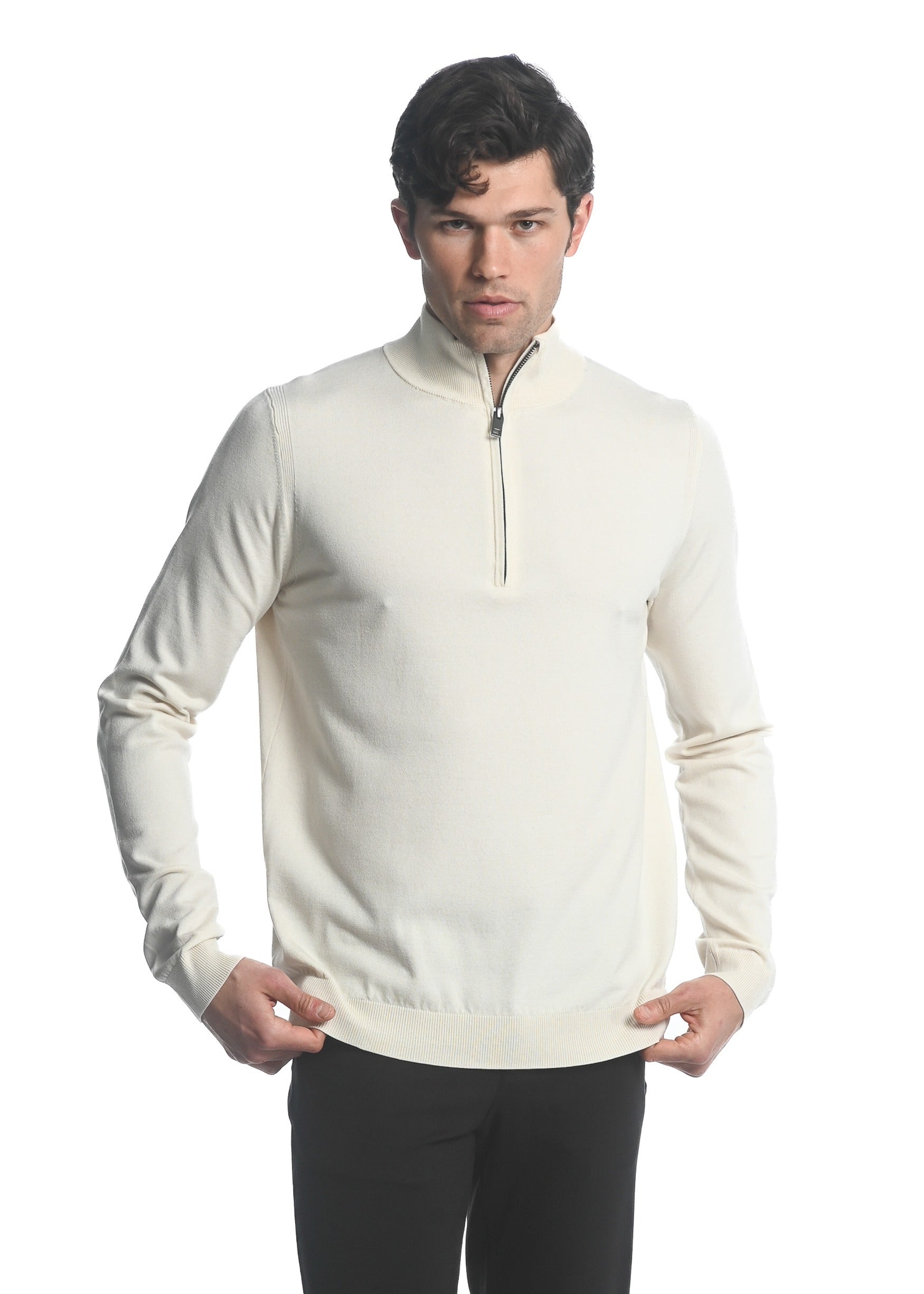 OFF WHITE SILK TENCEL QUARTER ZIP KNITTED SWEATER PM-16222