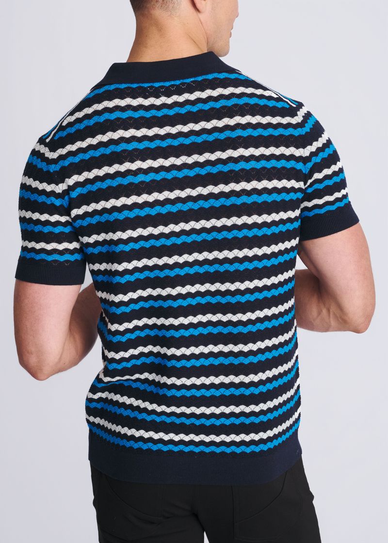 PEACOCK/NAVY/OFF WHITE WAVE TEXTURED COTTON 3-BUTTON KNIT POLO PM-16320