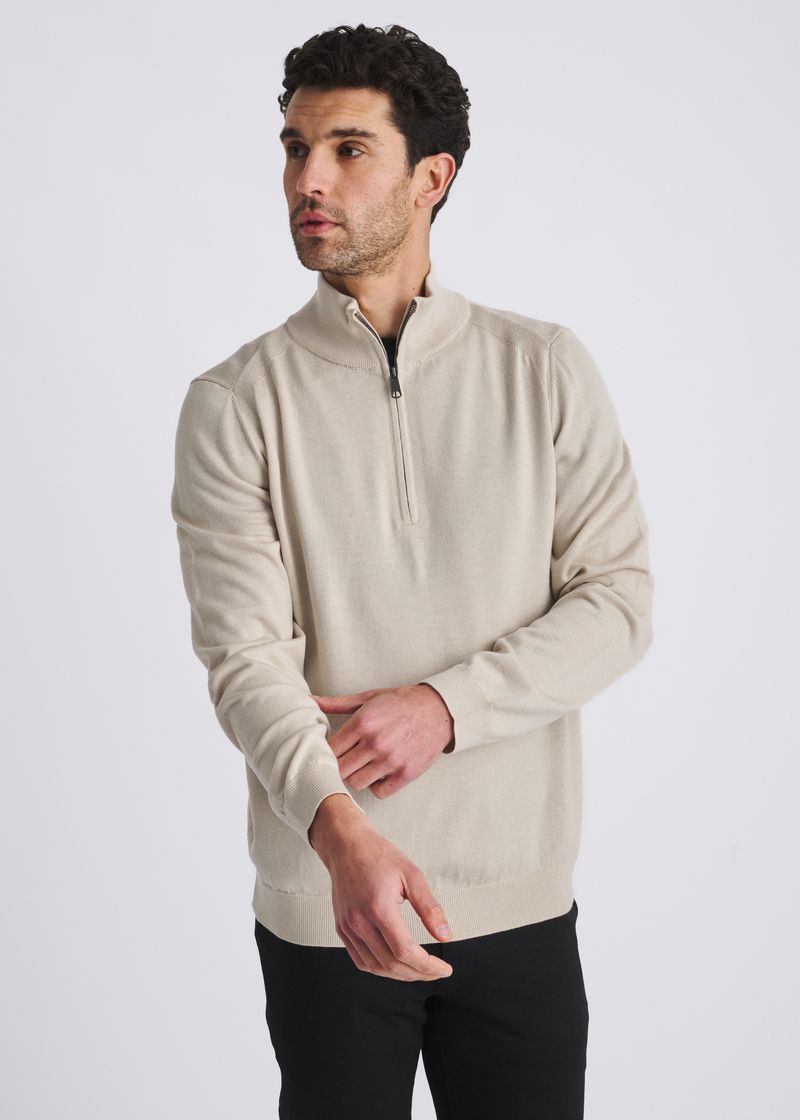 OATMEAL QUARTER ZIP WOOL BLEND KNIT CARDIGAN PM-16417