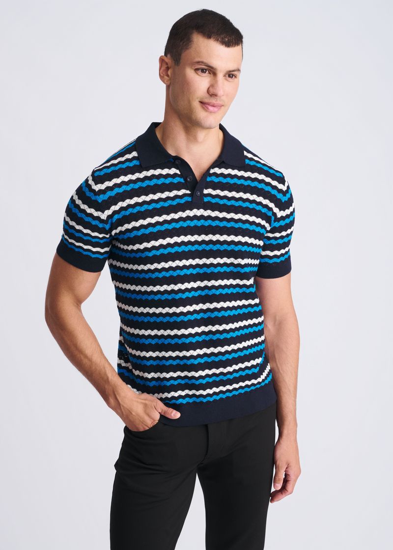 PEACOCK/NAVY/OFF WHITE WAVE TEXTURED COTTON 3-BUTTON KNIT POLO PM-16320