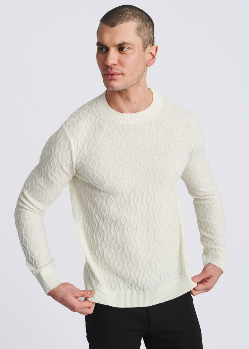CREAM CABLE KNIT CREW NECK WOOL BLEND SWEATER PM-16421