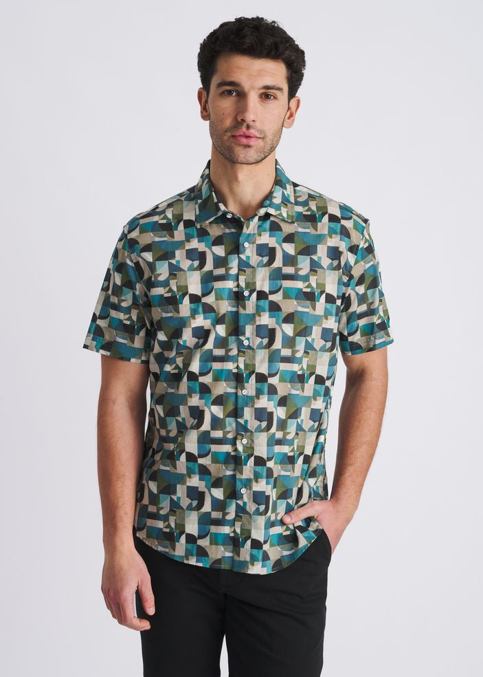FOREST/OLIVE GEOMETRIC PRINTED LIGHTWEIGHT COTTON/TENCEL SHORT SLEEVE SHIRT PM-47061