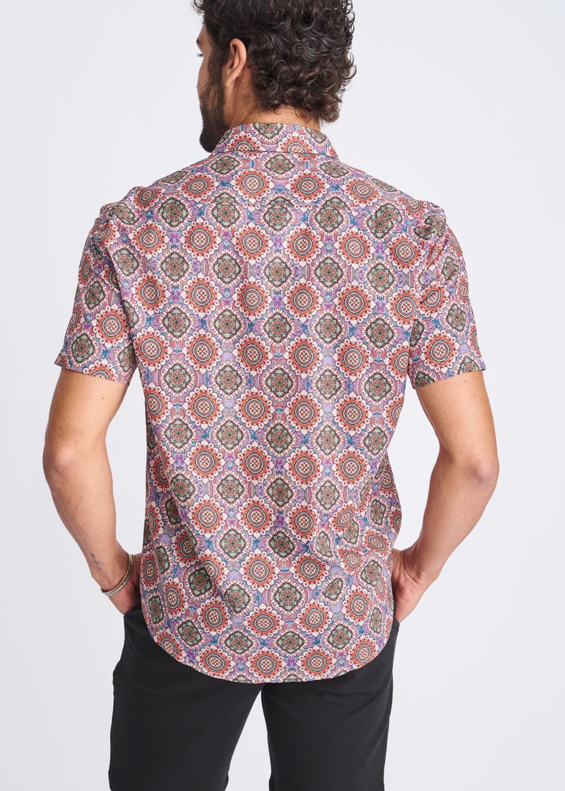 BLUSH/CORAL MEDALLIONS PRINTED LIGHTWEIGHT COTTON/TENCEL SHORT SLEEVE SHIRT PM-47053