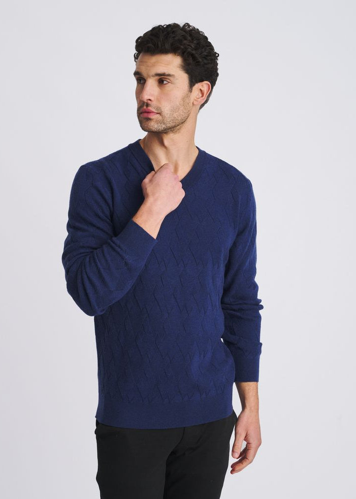 NAVY V-NECK BASKETWEAVE WOOL BLEND KNIT SWEATER PM-16420