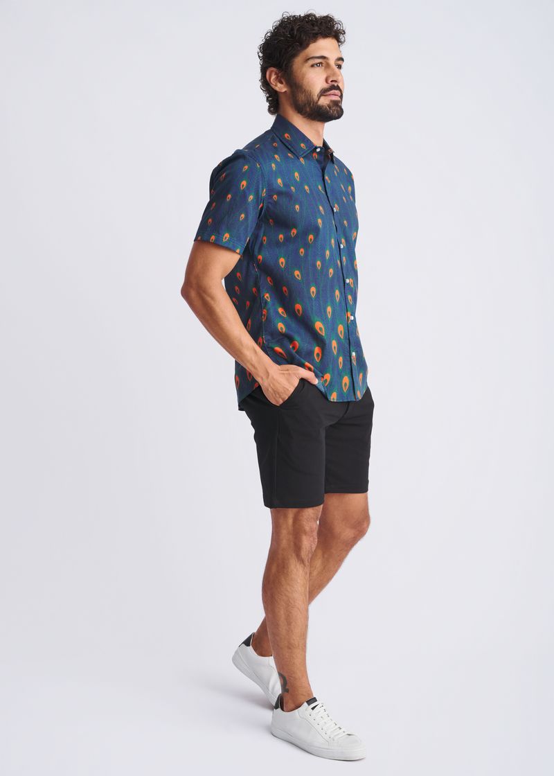 NAVY/PEACOCK FEATHERS PRINTED LIGHTWEIGHT COTTON/TENCEL SHORT SLEEVE SHIRT PM-47051
