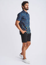 NAVY/PEACOCK FEATHERS PRINTED LIGHTWEIGHT COTTON/TENCEL SHORT SLEEVE SHIRT PM-47051