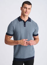BLUE ICE TEXTURED STRIPES SILK/TENCEL 3-BUTTON KINIT POLO PM-16323