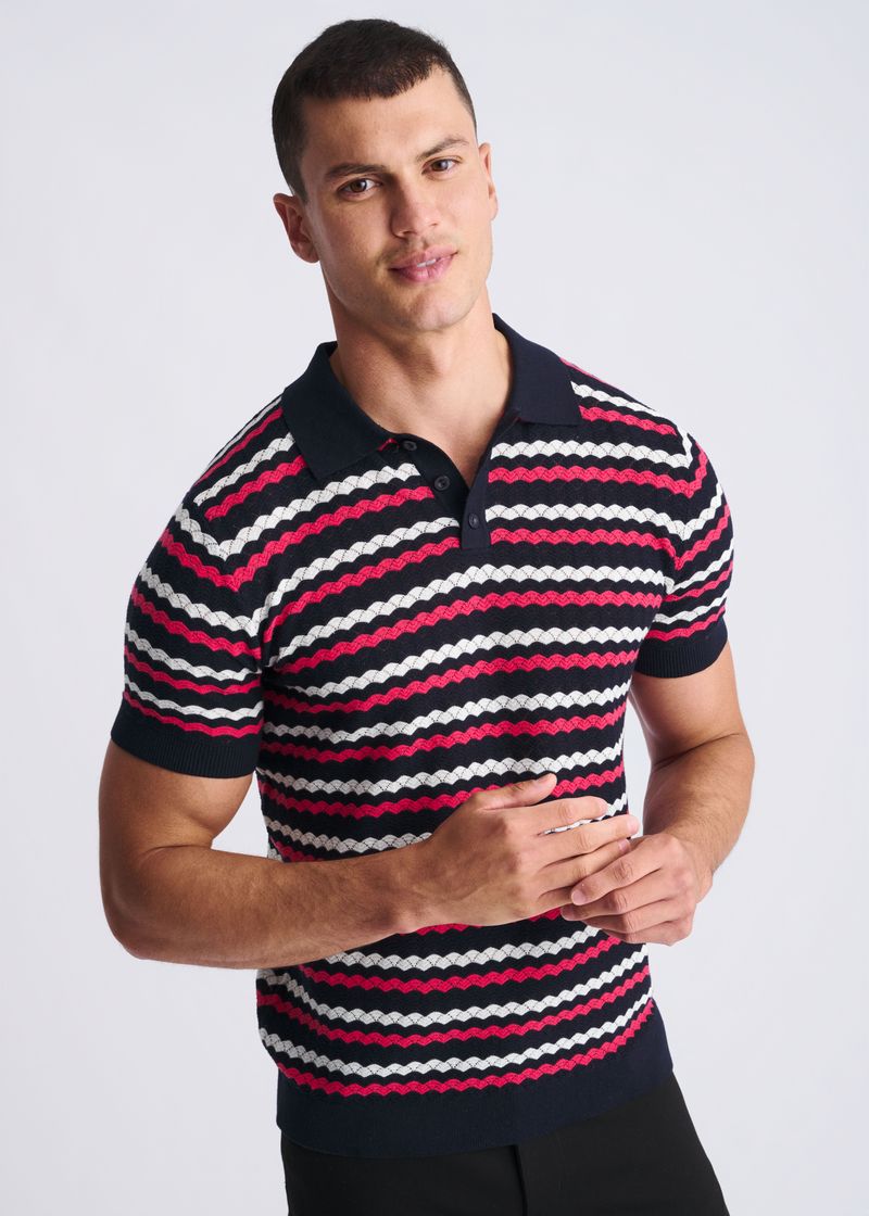 BUBBLE GUM/NAVY/OFF WHITE WAVE TEXTURED COTTON 3-BUTTON KNIT POLO PM-16320